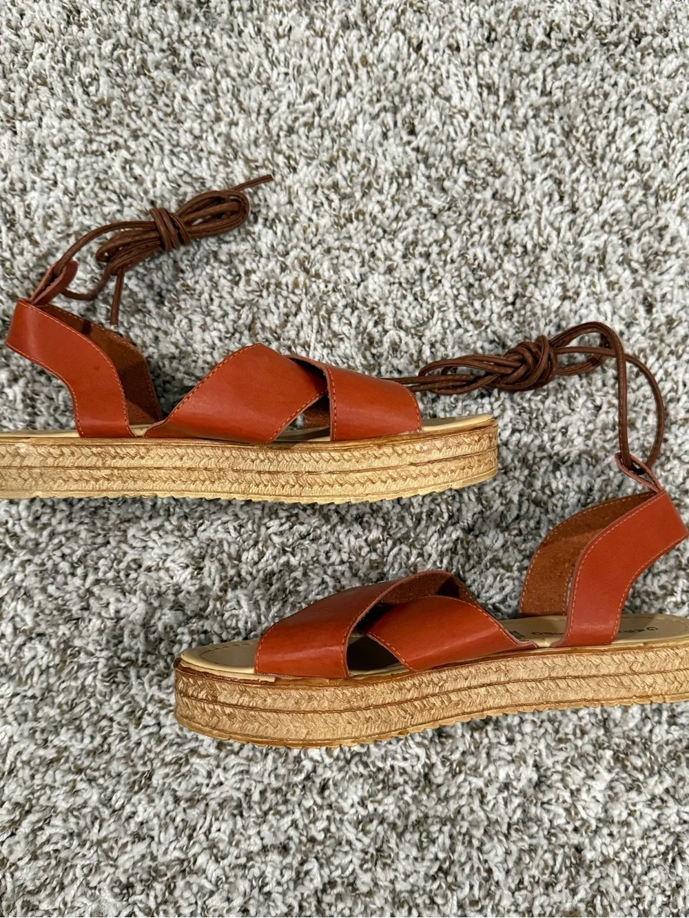 Tan Leather Espadrille Platform Sandals with Ankle Tie